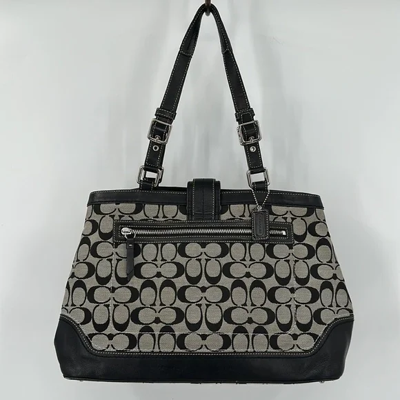 COACH Black & Gray Hampton Signature C Canvas Shoulder Bag Satchel Purse #F12643 - Picture 1 of 14